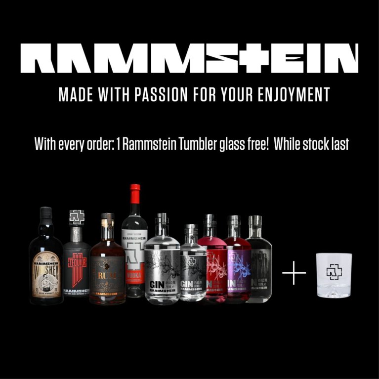 Rammstein alcoholic bottle with a glass on a dark background