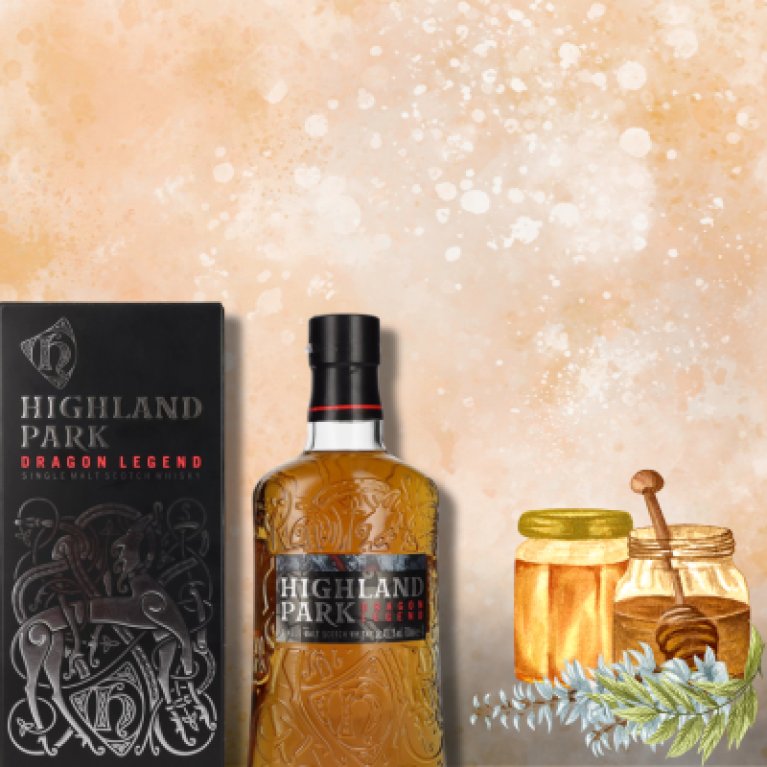 Alt text: A bottle of Highland Park Dragon Legend Single Malt Scotch Whisky with gift box is set against a warm, orange background with illustrated honey jars and herbs - a harmonious display with hints of smoke,