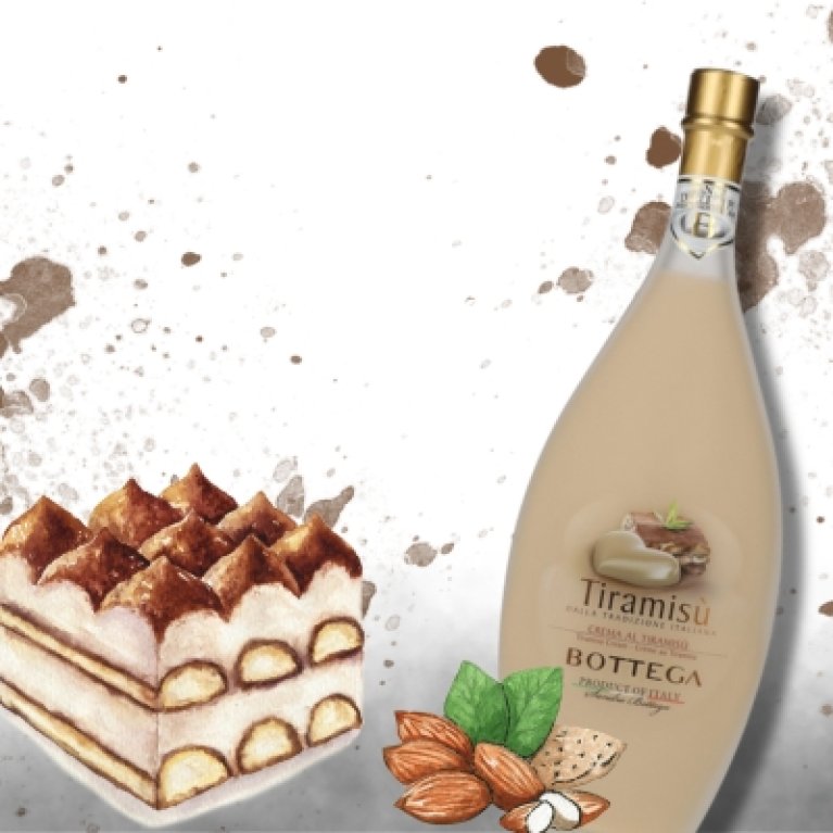 Illustration of a bottle of Bottega Tiramisu liqueur with a golden capsule on a white-grey background with brown splashes of color; next to it, drawn ingredients such as almonds and cocoa beans as well as a piece of tiramisu dessert.
