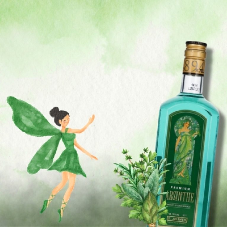 Bouteille d'absinthe premium avec une étiquette verte sur un fond blanc verdâtre, accompagnée d'une fée verte peinte et d'illustrations d'herbes - symbolisant le caractère mystique de la boisson.
