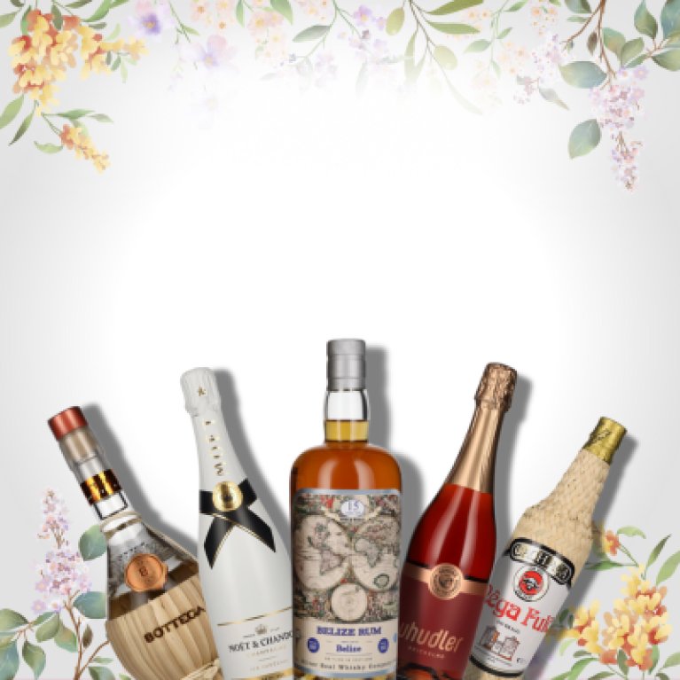 Five bottles of different alcoholic drinks are adorned with a floral decoration in shades of purple, which is repeated at the top and bottom.
