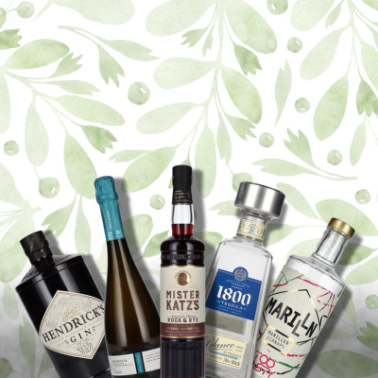 Various alcoholic drinks with a light green background