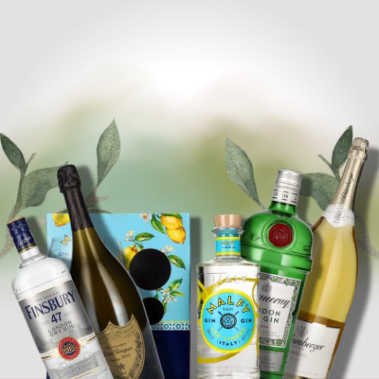 Een selectie alcoholische dranken is gerangschikt tegen een lichtgekleurde achtergrond met decoratieve bladeren. Van links naar rechts staan een fles Finsbury 47 London Dry Gin, een fles Dom Pérignon champagne en een blauwe doos citrusvruchten.