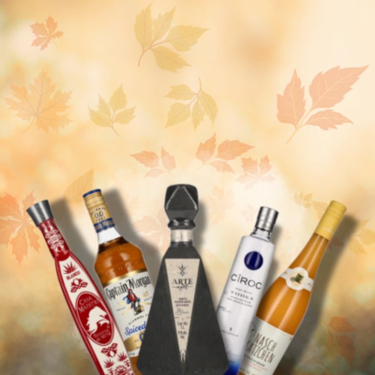 Various alcoholic drinks with a light green background