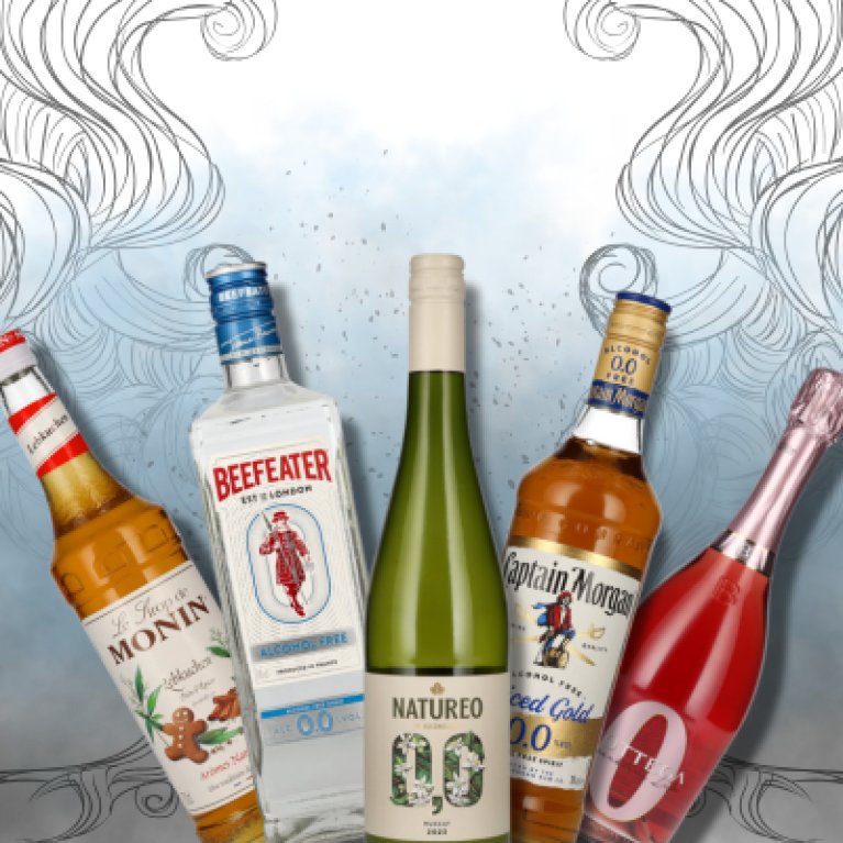 Five colorful beverage bottles stand upright in front of an artistically drawn, wave-like background illustration.