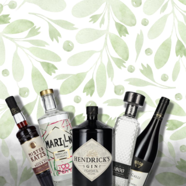 Various alcoholic drinks with a light green background