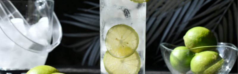 Gin Tonic mit Limettenscheiben und Limetten in Schale auf dunklem Hintergrund