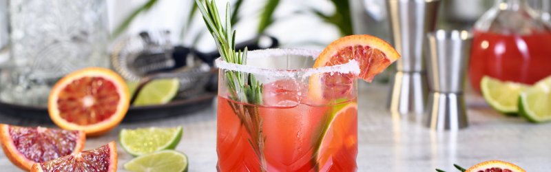 Ein Glas roter Cocktail mit Rosmarinzweig, umgeben von Blutorangen und Limettenscheiben auf Holztisch.