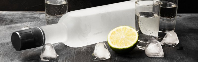 Frozen vodka bottle lies between two glasses and ice cubes on a black surface.