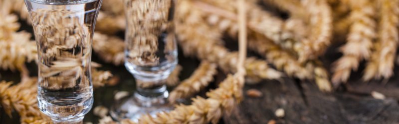 Two schnapps glasses filled and decorated with ears of wheat, arranged on a rustic wooden table.