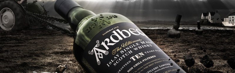 Large whisky bottle lying in a dark field; dog sniffing; tractor pulling. Gloomy, cloudy landscape.