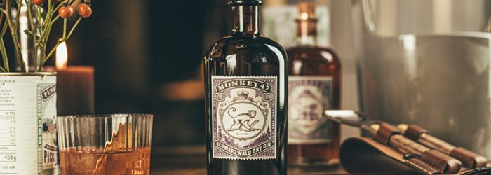 La bouteille de gin est posée sur une table en bois à côté du verre et des épices, le tout entouré d'une atmosphère de bar confortable.