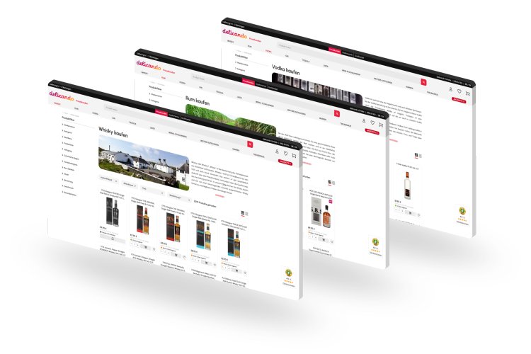 Trois annonces de boutique en ligne ouvertes montrent différentes catégories de spiritueux de commande fragile.