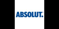 Het logo toont blauwe letters "ABSOLUT" op een witte achtergrond, eenvoudig en zonder verdere versieringen.