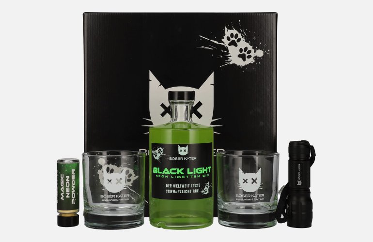 BÖSER KATER Black Light Neon Limetten Gin 40% Vol. 0,5l in Giftbox with UV-Taschenlampe & glasses