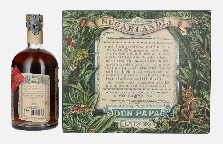 Don Papa BAROKO 40% Vol. 0,7l en boîte cadeau avec Hip Flask