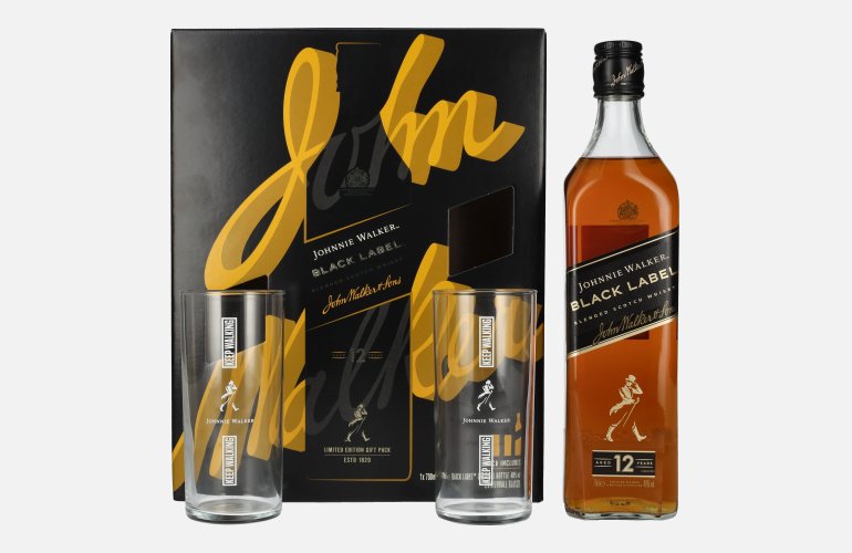 Johnnie Walker BLACK LABEL 12 Years Old Blended Scotch Whisky 40% Vol. 0,7l in Giftbox with 2 Highballgläsern