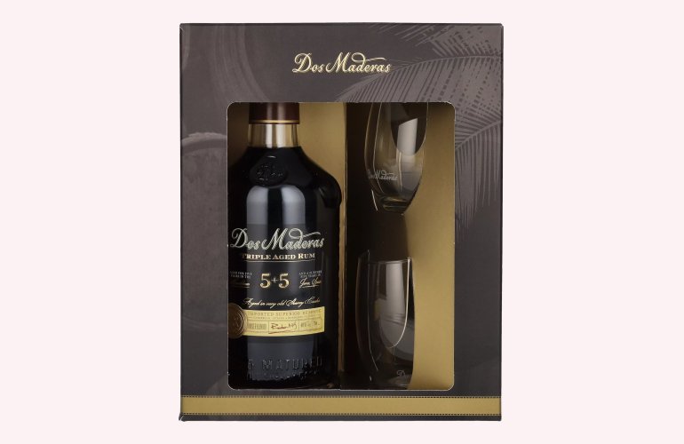 Dos Maderas PX 5+5 Years Old Triple Aged Spirit Drink 40% Vol. 0,7l in geschenkverpakking met 2 Bril
