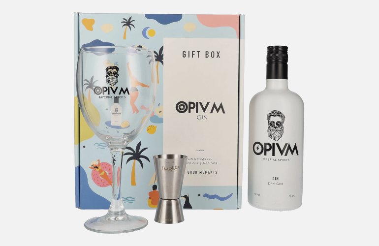 OPIVM Imperial Spirits Dry Gin 40% Vol. 0,7l en boîte cadeau avec Verre & Messbecher