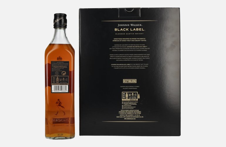 Johnnie Walker BLACK LABEL 12 Years Old Blended Scotch Whisky 40% Vol. 0,7l in geschenkverpakking met 2 Highballgläsern