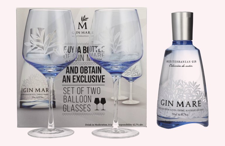 Gin Mare Mediterranean Gin 42,7% Vol. 0,7l in Geschenkbox mit 2 Gläsern