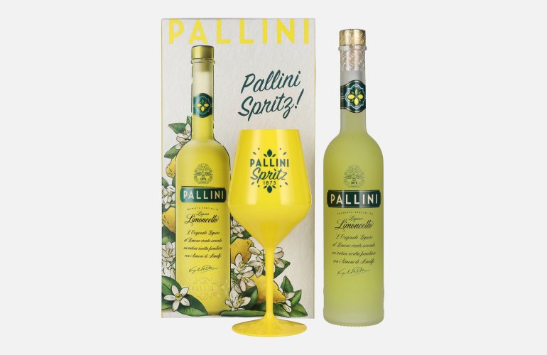 Pallini Limoncello Liqueur 26% Vol. 0,5l en boîte cadeau avec Kunststoff-Verre