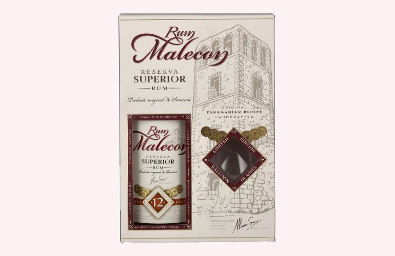 Rum Malecon Añejo 12 Años Reserva Superior 40% Vol. 0,7l in Geschenkbox mit 2 Gläsern