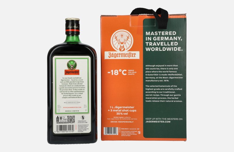 Jägermeister TRAVELLERS' EXCLUSIVE 35% Vol. 1l in Giftbox with 3 Metal Shot Cups
