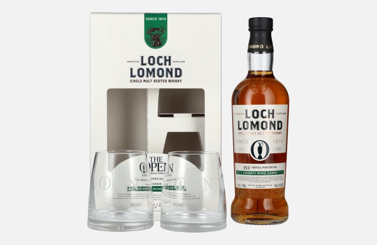 Loch Lomond THE OPEN SPECIAL EDITION 153th Royal Portrush Chianti Wine 2025 46% Vol. 0,7l in Giftbox with 2 glasses