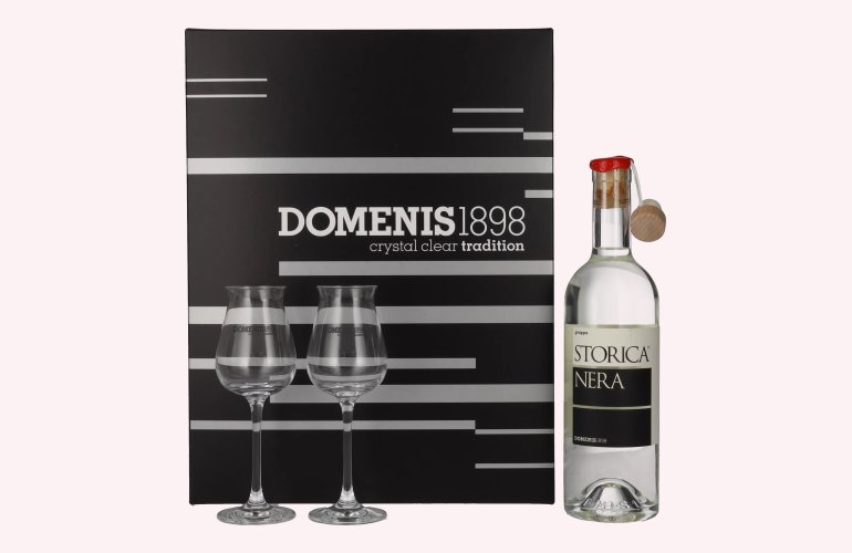 Domenis 1898 STORICA NERA Grappa 50% Vol. 0,5l in Geschenkbox mit 2 Gläsern