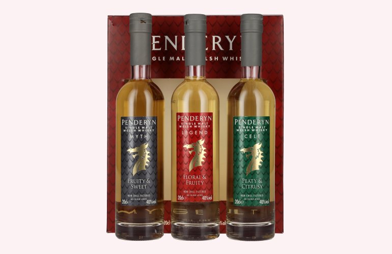Penderyn MYTH, LEGEND, CELT Single Malt Welsh Whisky 40% Vol. 3x0,2l in Geschenkbox