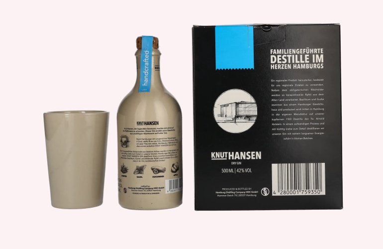 Knut Hansen Dry Gin 42% Vol. 0,5l en boîte cadeau avec Keramiktasse