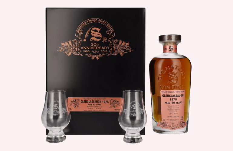 Signatory Vintage GLENGLASSAUGH 40 Years Old 30th ANNIVERSARY 1978 40,9% Vol. 0,7l in Holzkiste with 2 glasses