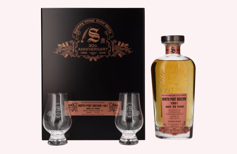 Signatory Vintage NORTH PORT BRECHIN 36 Years Old 30th ANNIVERSARY 1981 57,2% Vol. 0,7l in Holzkiste with 2 glasses
