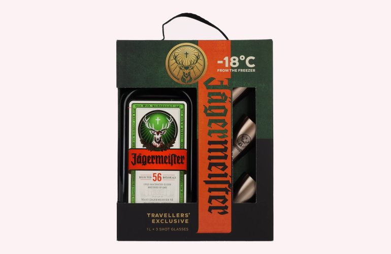 Jägermeister TRAVELLERS' EXCLUSIVE 35% Vol. 1l in Geschenkbox mit 3 Metal Shot Cups