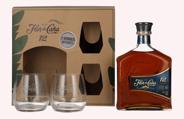 Flor de Caña Centenario 12 Years Old Rum 40% Vol. 0,7l in Geschenkbox mit 2 Gläsern
