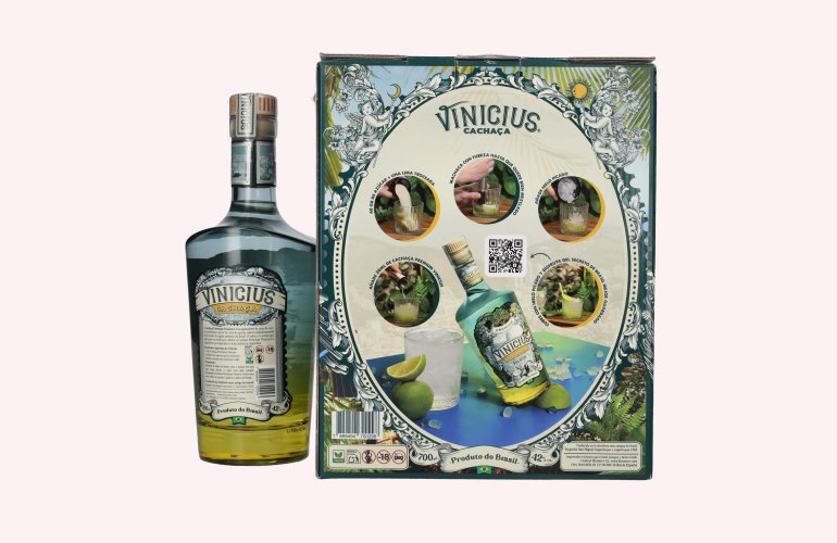 VINICIUS Premium Cachaca Prata 42% Vol. 0,7l en boîte cadeau avec Verre