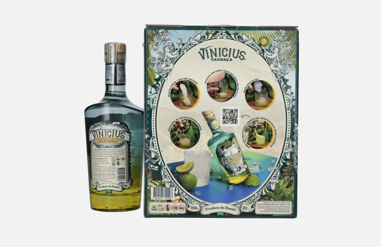 VINICIUS Premium Cachaca Prata 42% Vol. 0,7l in geschenkverpakking met Glas