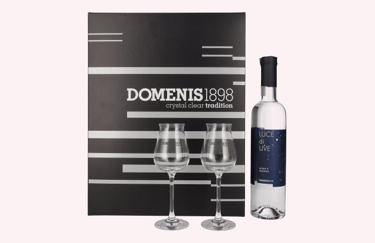 Domenis 1898 LUCE di UVE grappa di MALVASIA 38% Vol. 0,5l in Giftbox with 2 glasses