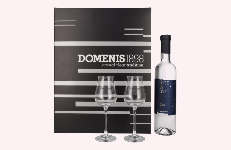 Domenis 1898 LUCE di UVE grappa di MALVASIA 38% Vol. 0,5l in Geschenkbox mit 2 Gläsern