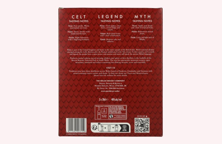 Penderyn MYTH, LEGEND, CELT Single Malt Welsh Whisky 40% Vol. 3x0,2l in Geschenkbox