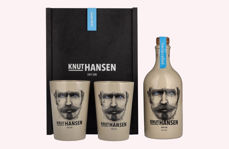 Knut Hansen Dry Gin 42% Vol. 0,5l in Holzkiste mit 2 Keramiktassen