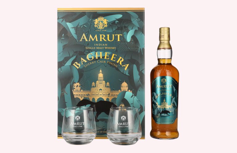 Amrut BAGHEERA Indian Single Malt Whisky Sherry Cask Finish 46% Vol. 0,7l in Geschenkbox mit 2 Gläsern