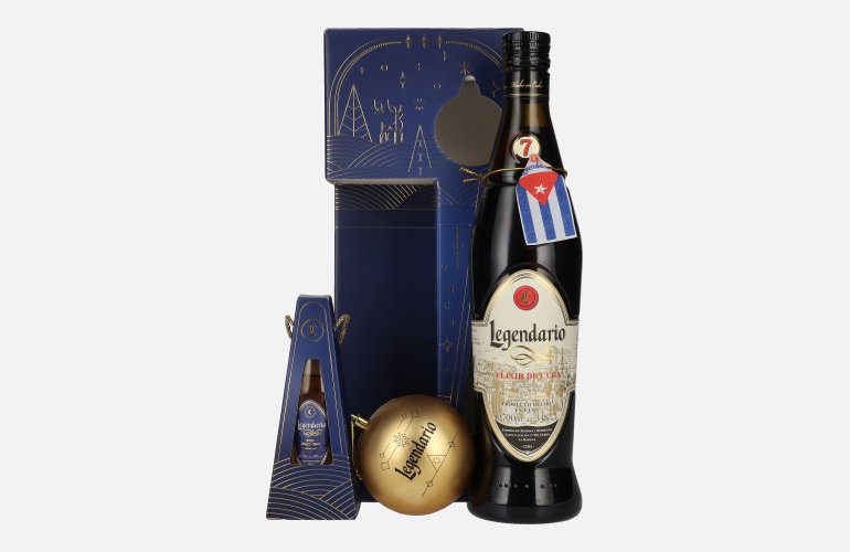 Legendario Elixir de Cuba Felices Fiestas 34,3% Vol. 0,7l in geschenkverpakking met 0,05l-Mini en Weihnachtskugel