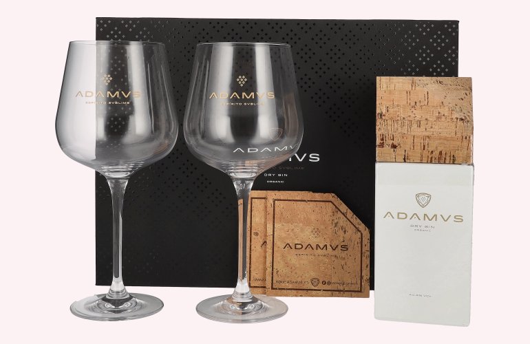 Adamus Dry Gin Organic Limited Edition 2020 44,4% Vol. 0,7l in Geschenkbox mit 2 Gläsern & Kork Untersetzer