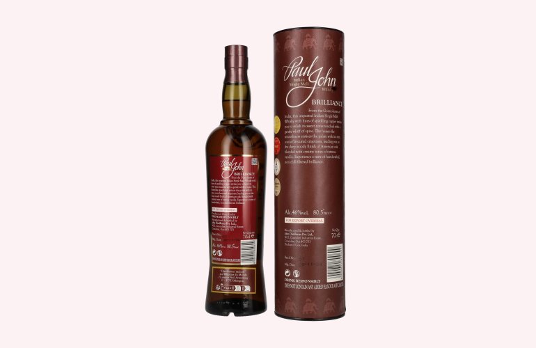 Paul John BRILLIANCE Indian Single Malt Whisky 46% Vol. 0,7l en boîte cadeau