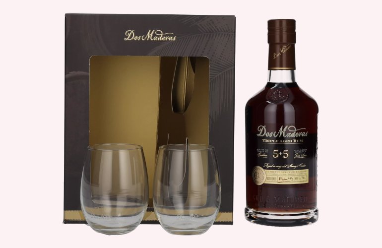 Dos Maderas PX 5+5 Years Old Triple Aged Spirit Drink 40% Vol. 0,7l in geschenkverpakking met 2 Bril