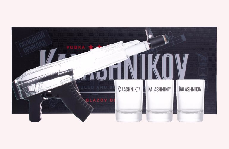 Kalashnikov Original Vodka Machine Gun Classic Box 40% Vol. 0,7l in Giftbox with 3 glasses
