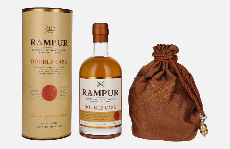 Rampur DOUBLE CASK Indian Single Malt Whisky 45% Vol. 0,7l in Giftbox with Säckchen