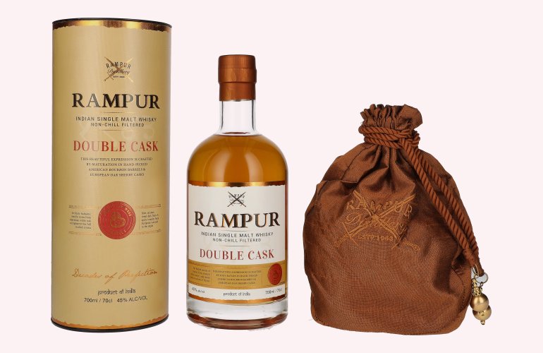 Rampur DOUBLE CASK Indian Single Malt Whisky 45% Vol. 0,7l in Geschenkbox mit Säckchen